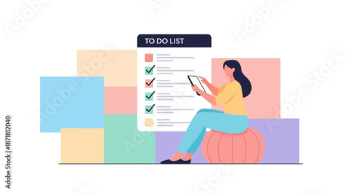 Woman using tablet to manage to-do list with checkmarks, planning tasks