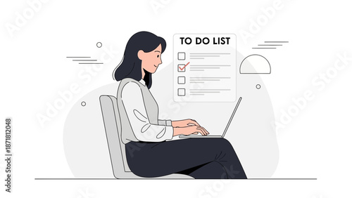 Woman working on laptop with to-do list, planning tasks, productivity concept