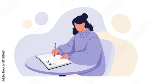 Woman Writing Checklist in Notebook, Planning Tasks, Flat Design Illustration