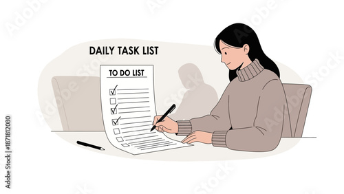 Woman writing daily task list, planning and organizing to do items, checking off completed tasks.