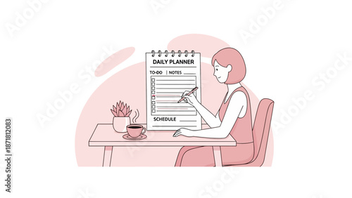 Woman writing in daily planner, to-do list, schedule, organization concept, flat design