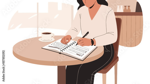Woman writing in notebook at cafe table with coffee, illustration, calm atmosphere