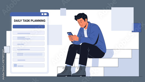 Young Man Using Smartphone for Daily Task Planning App, Productivity Concept
