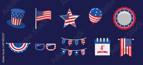 United states patriotic decoration icons set vector illustration for national celebration themes, american independence day vector icon set, 4th of july design elements