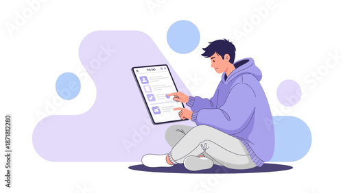 Young man using tablet computer, browsing online content, modern flat illustration