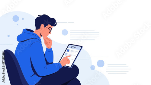 Young Man Using Tablet for To-Do List Task Management and Planning