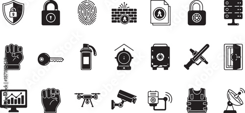 Collection of security and protection icons and symbols