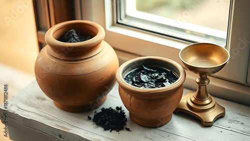 myrrh. Terracotta pot with dark myrrh resin and brass scales, warm earthy tones, soft lighting. menu design, packaging mockups, designed for culinary blogs and recipe cards for restaurants.