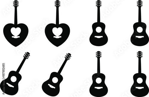 Acoustic guitar silhouette icon set with heart shaped body designs for music love concept, valentine theme vector illustration