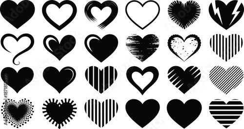 Black heart shapes silhouette collection featuring love symbols, romantic icons, decorative styles and creative designs, isolated on white background, vector illustration