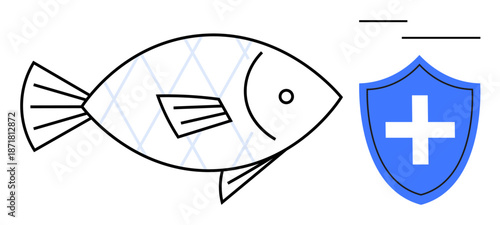 Food safety, seafood health, medical services, nutrition, health protection, dietary awareness. A fish next to a blue shield with a cross. Food safety and seafood health theme