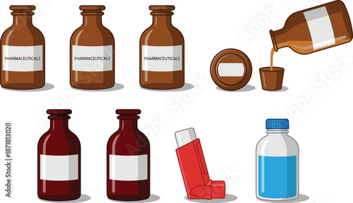 Pharmaceutical medicine container set, glass drug bottles inhaler vial syrup, healthcare treatment concept, flat vector illustration