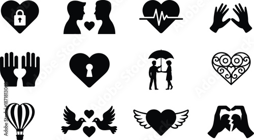 Love and relationship silhouette icon set featuring heart lock, couple connection, care, protection, trust, unity and emotional symbols isolated on white background