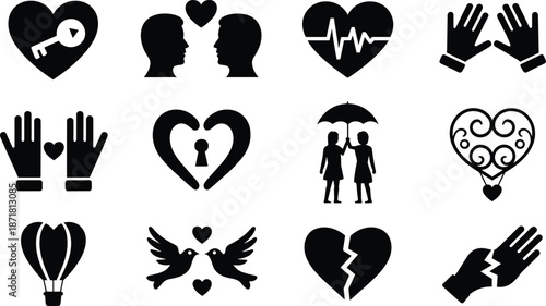 Love and relationship silhouette icon set showing heart key, couple connection, protection, trust, unity, heartbreak and emotional symbols isolated on white background