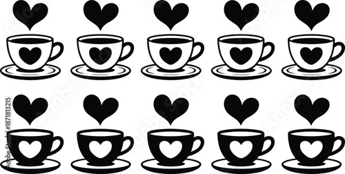 Love coffee cup silhouette icon set featuring heart symbols, romantic tea mugs and cozy drink elements, minimal black designs isolated on white background