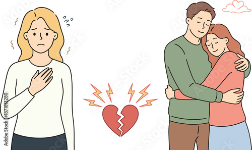 Relationship breakup illustration, emotional heartbreak concept, woman feeling sad, broken heart, couple hugging, love triangle, mental health illustration
