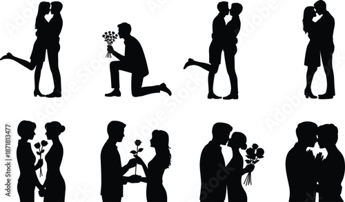 Romantic couple silhouette collection showing proposal, kissing, hugging and flower gifting moments, elegant love scenes of men and women isolated on white background