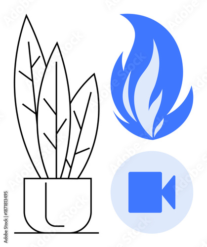 Nature visuals, renewable energy, digital media, eco-friendly , sustainability, video communication. Minimalist plant pot, blue flame and video icon. Nature visuals and renewable energy concept