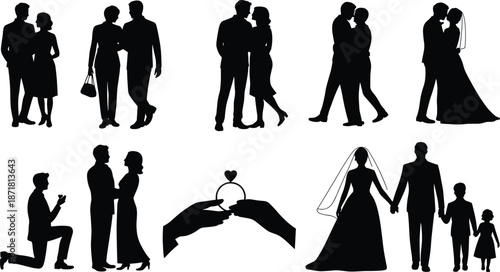 Romantic couple silhouettes collection showing love, dating, proposal, wedding, marriage and family moments, elegant black figures isolated on white background illustration