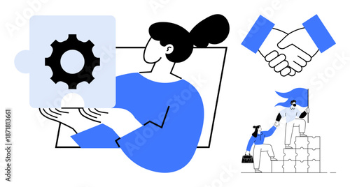 Teamwork, collaboration, partnership, teamwork support, leadership, problem-solving. Visuals include puzzle gear piece, handshake and team lifting each other on blocks. Teamwork and collaboration