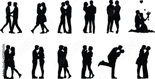 Romantic couple silhouettes set showing love, dating, proposal, hugging and kissing moments, elegant black figures isolated on white background illustration