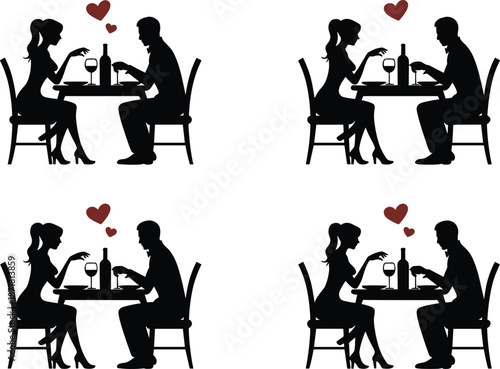 Romantic dinner couple silhouettes showing love, dating and relationship moments, man and woman dining together with wine, elegant black figures isolated