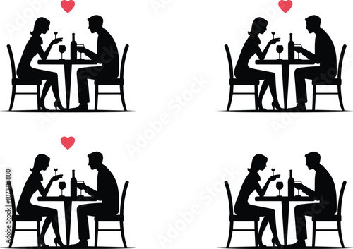 Romantic dinner date couple silhouettes showing love, dating and relationship moments, man and woman dining with wine, elegant black figures isolated