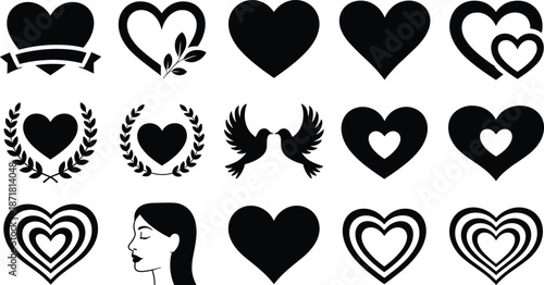Romantic heart silhouette icon set featuring love symbols, decorative wreaths, birds, banners and layered heart designs, elegant black icons isolated on white background