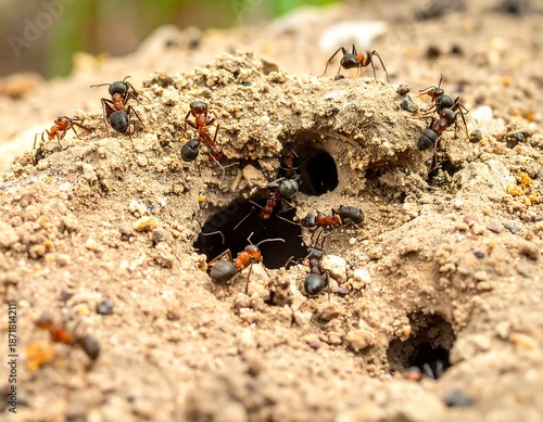 Close-up of ants around a sandy entrance to an anthill