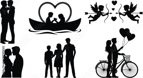 Romantic love silhouette collection with kissing couples family boat cupid angels heart balloons bicycle valentine themed black vector set