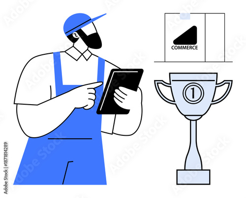 E-commerce advancements. E-commerce highlighted with a worker using a tablet and icons digital trade success. E-commerce business growth, technology, and efficiency. For retail, online marketplaces