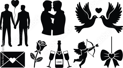 Romantic love silhouette icon set showing gay couple, kissing men, love birds, cupid, rose, champagne and love letter symbols isolated