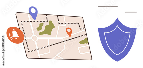 Navigation tracking, cybersecurity, location services, privacy protection, map technology, safety. Map with pins, alert icon shield. Navigation tracking and cybersecurity concept