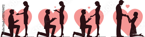 Romantic marriage proposal silhouettes with kneeling man and standing woman inside heart shapes elegant love engagement vector illustration