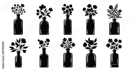 Black and white botanical illustration of various floral arrangements in bottles