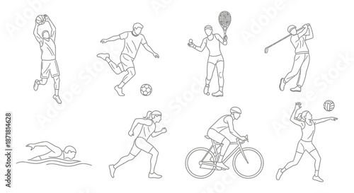 Line art illustration depicting various athletic activities and sports figures