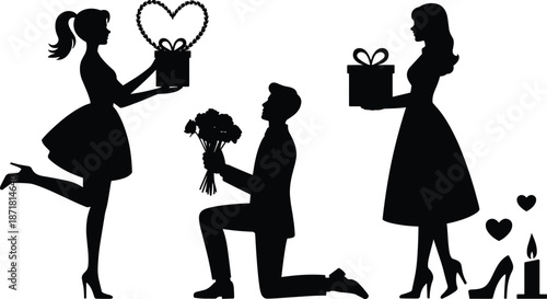 Romantic proposal and gift exchange silhouette illustration showing man kneeling with flowers and women holding presents, love celebration moments isolated on white background