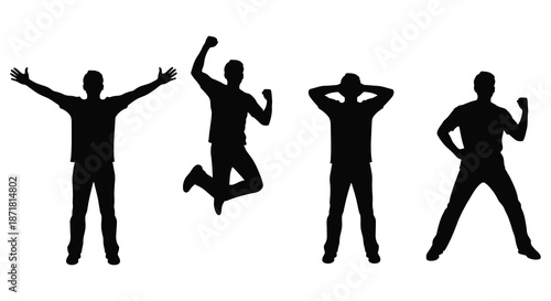 Silhouettes of men in various celebratory and active poses against white background