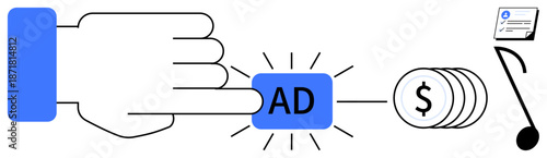 Hand pressing ad button linked to dollar sign, certificate, and note. Ideal for marketing, advertising, pay-per-click, revenue, digital business, online promotion simple flat metaphor