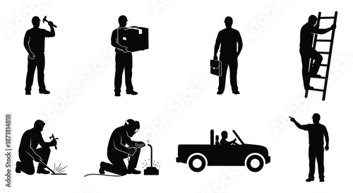 Silhouettes of various workers and professionals engaged in different tasks