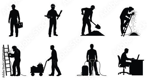 Silhouettes of construction workers and office personnel performing various tasks