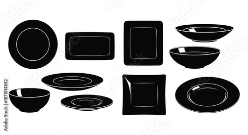 Black and white silhouette collection of various dinnerware and serving dishes