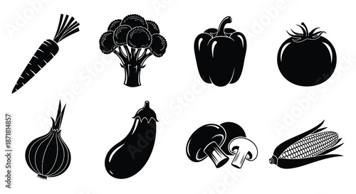 Black and white illustration of various fresh vegetables arranged in two rows