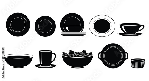 Black and white illustration of various dinnerware items including bowls and plates