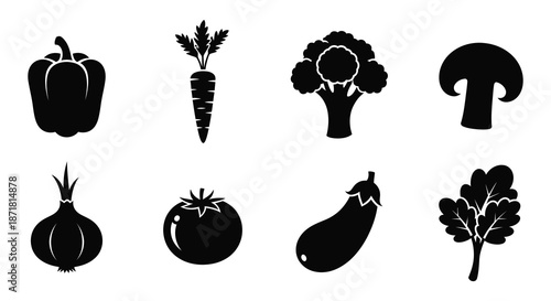 Black silhouette icons displaying a variety of fresh vegetables and produce