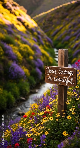 Inspirational Wooden Sign Amidst a Vibrant Wildflower Meadow.