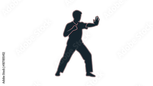 A dark blue silhouette of a person in a defensive martial arts stance with defensive stance on white background