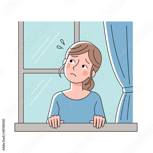 Young woman looking pensively out of window with slight frown