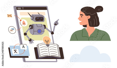 Education, language learning, technology, AI assistance, communication, digital tools. Robot interacting with text, translating and searching data on a device while a woman observes. Education