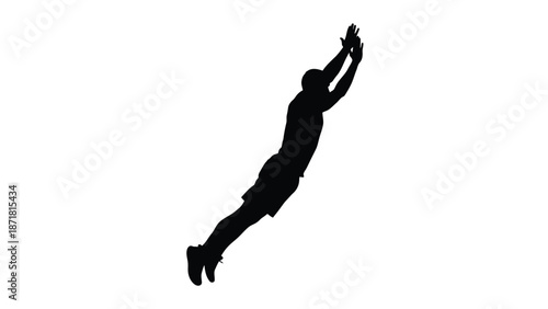 A silhouette of a man in athletic clothing jumping up with arms raised on white background